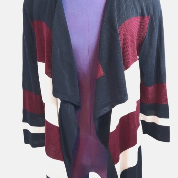 Emaline Open Front‎ Striped Cardigan 3/4 Sleeve Navy and Burgandy Size Large - Picture 1 of 7